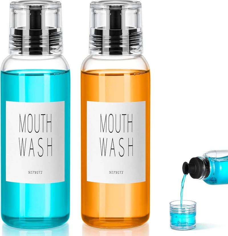 VITVITI Glass Mouthwash Dispenser for Bathroom, 10 OZ Mouth Wash Container Bottle with Lid Cup, Countertop Small Clear Refillable Mouthwash Dispensers Decanter, Set of 2 (Black) - Image 1